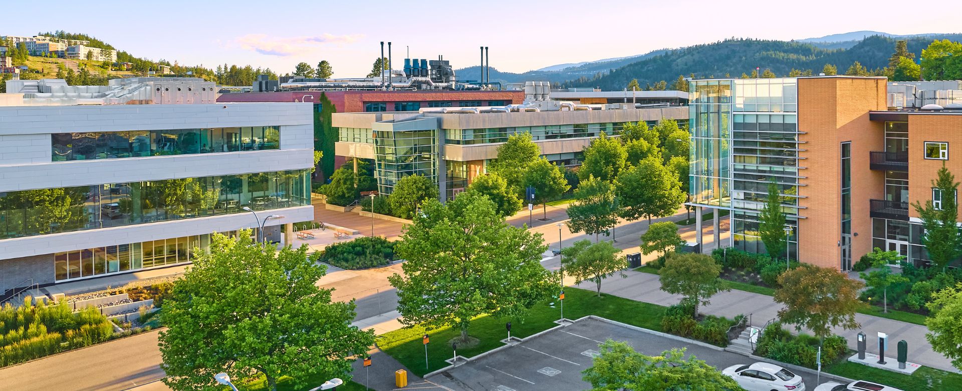 An aerial view of the Commons, Fipke and University Centre buildings at UBC Okanagan.