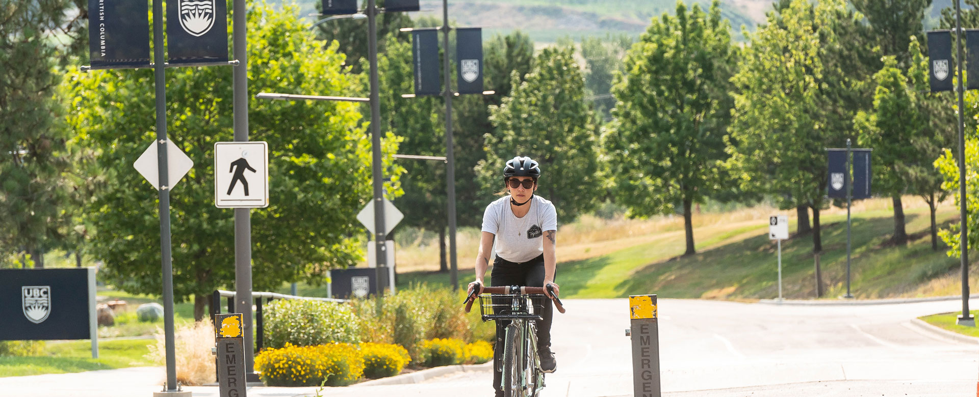 A cyclist arriving at UBC Okanagan.