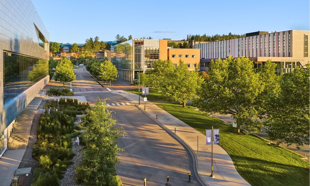 An aerial view of UBC Okanagan's University Way.